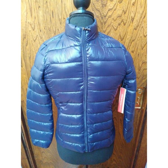 Exclusive Bloomingdale’s Girls Aqua Puffer Jacket Medium Navy Blue Packable New